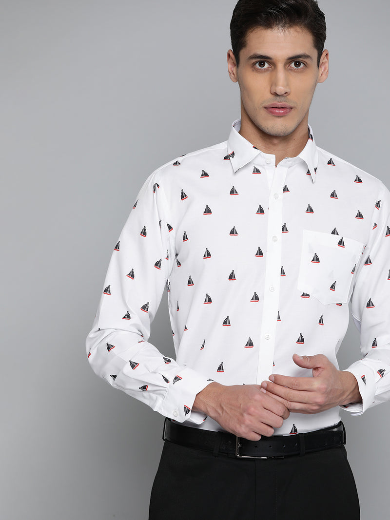Men White Smart Slim Fit Conversational Printed Formal Shirt