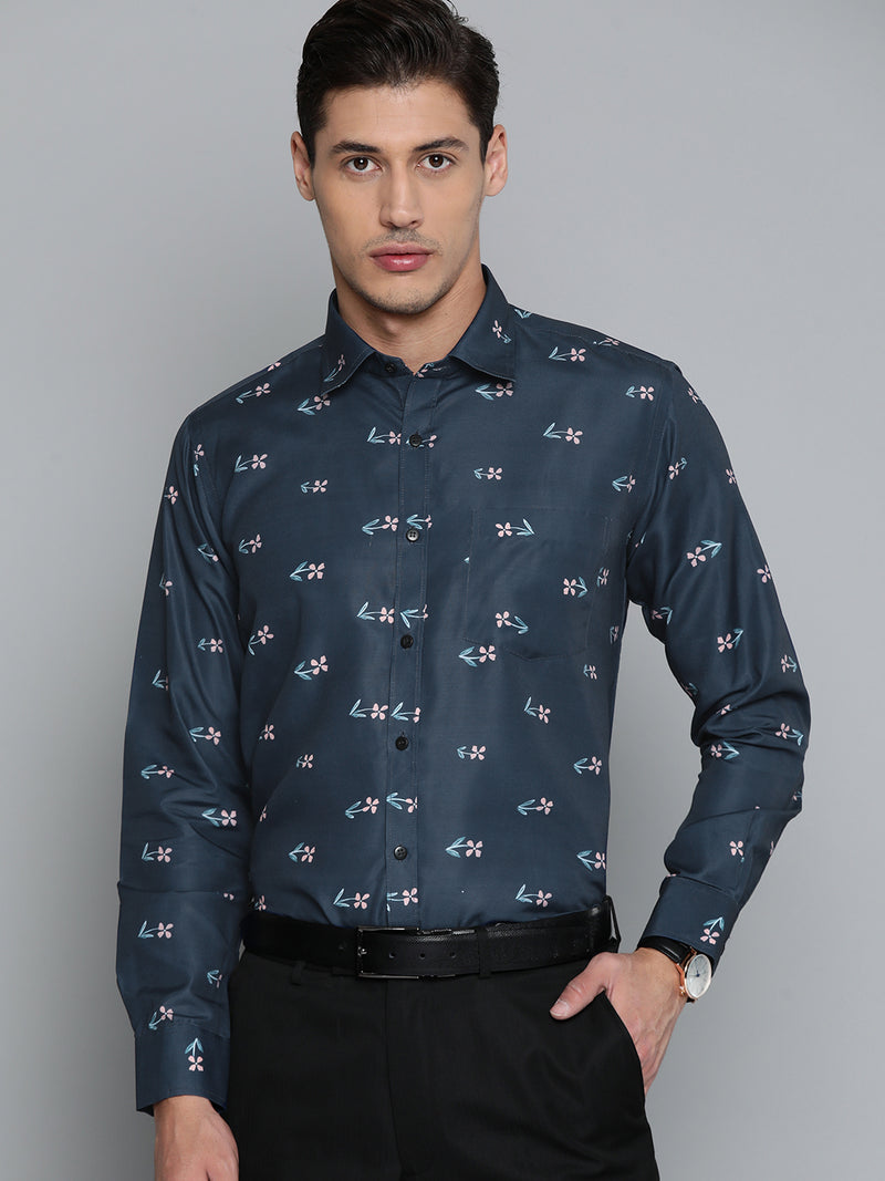 Men Navy Blue Smart Slim Fit Floral Printed Formal Shirt