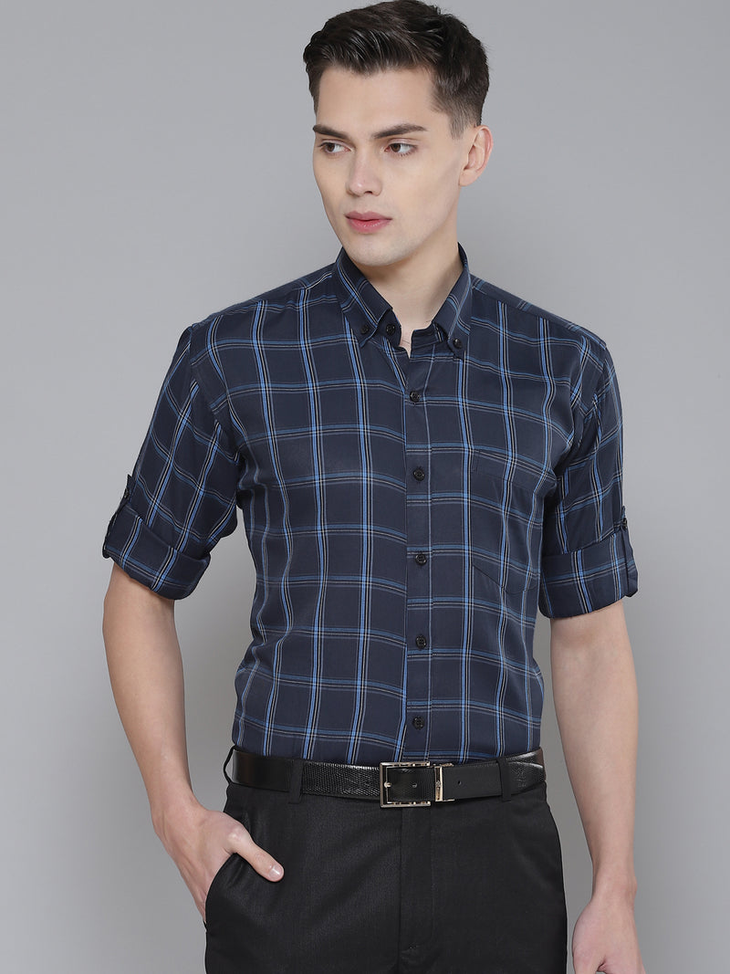 Men Navy Blue Smart Slim Fit Checked Formal Shirt
