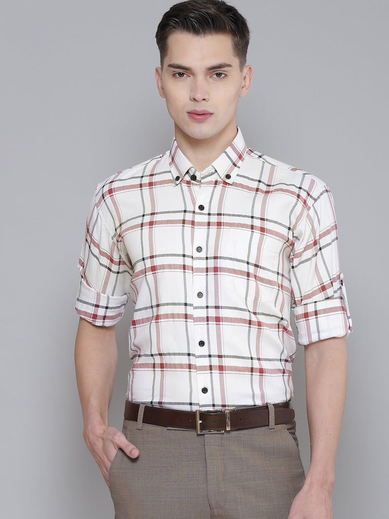 Men White  Red Smart Slim Fit Checked Formal Shirt