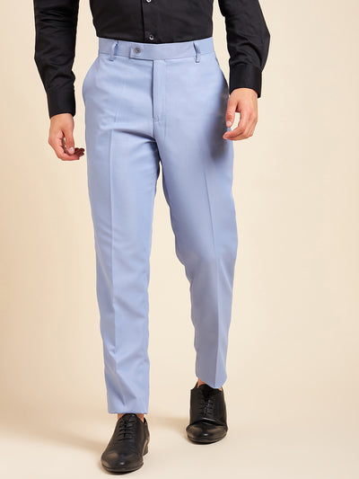DENNISON Sky Blue Men Flat-Front Mid-Rise Formal Trousers