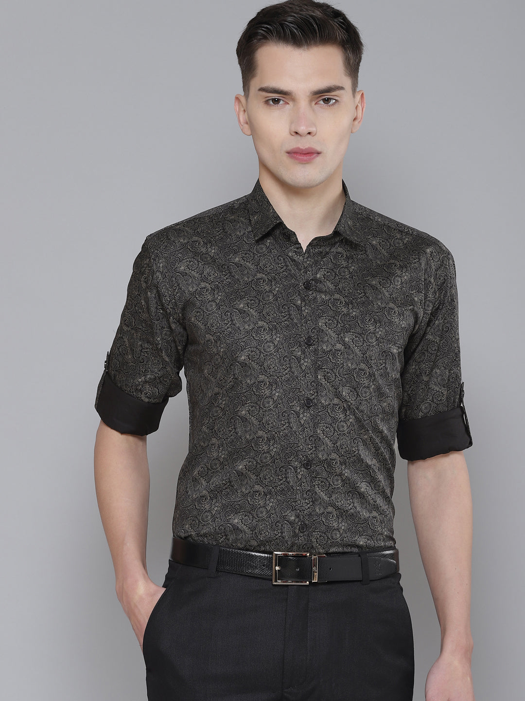 DENNISON Men Black Smart Slim Fit Printed Formal Shirt