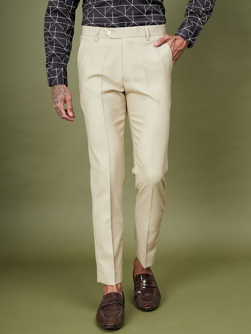 DENNISON Men Checked Smart Tapered Fit Easy Wash Formal Cream Color Trouser
