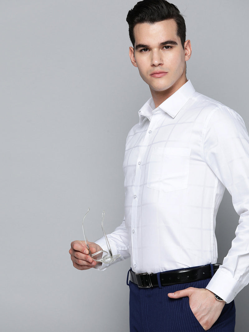 White: Full Sleeves Smart Windowpane Checks Party Shirt