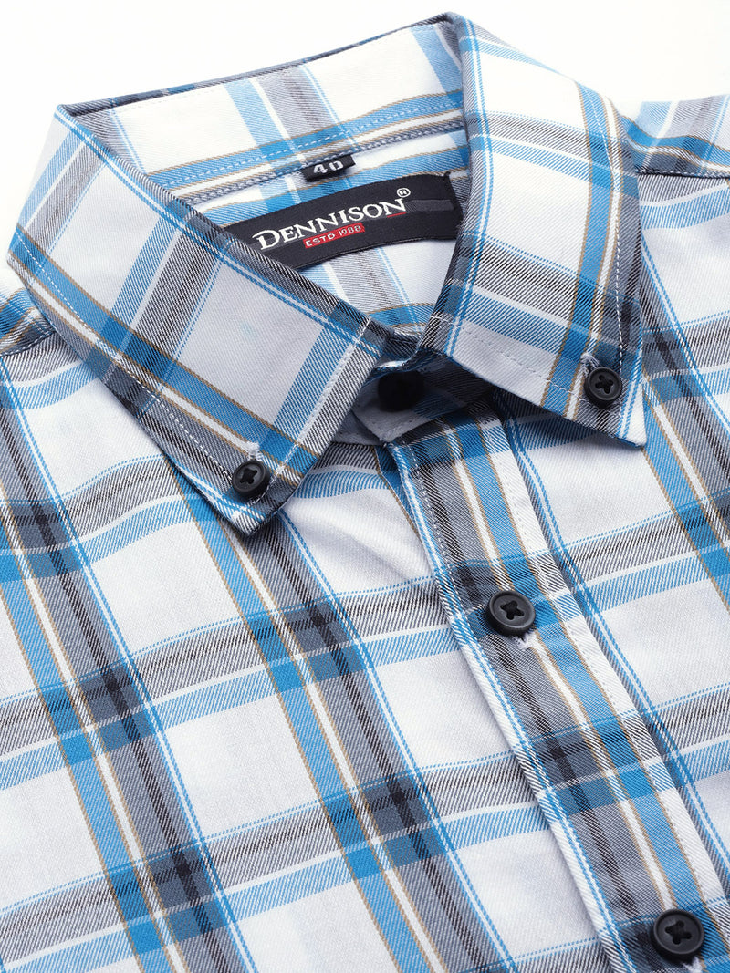 Men White  Blue Pure Cotton Smart Fit Tartan Checks Checked Formal Shirt