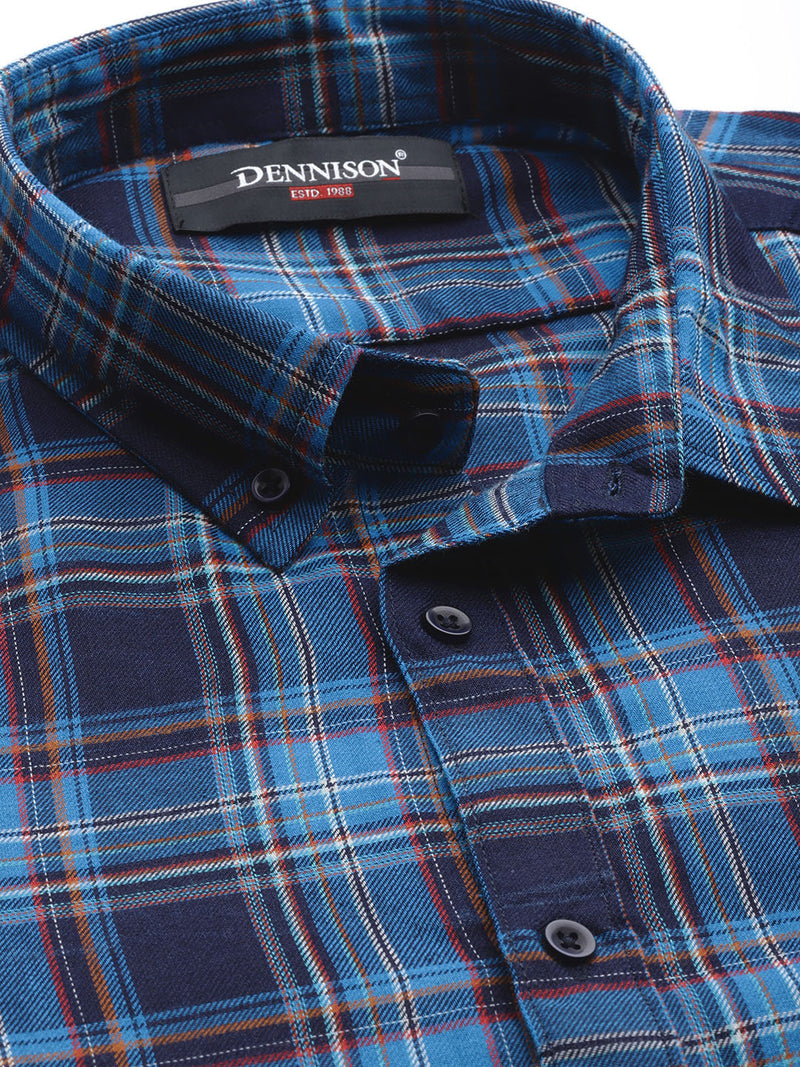 Men Navy Blue Smart Slim Fit Pure Cotton Opaque Checked Casual Shirt