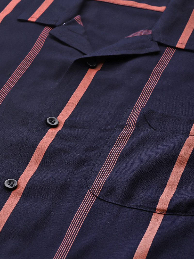 Men Navy Blue Smart Slim Fit Vertical Stripes Opaque Casual Shirt with Pocket