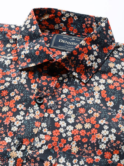 Men Navy Blue Smart Slim Fit Floral Printed Formal Shirt