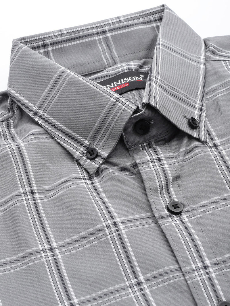Men Grey  Black Pure Cotton Smart Fit Tartan Checks Checked Formal Shirt