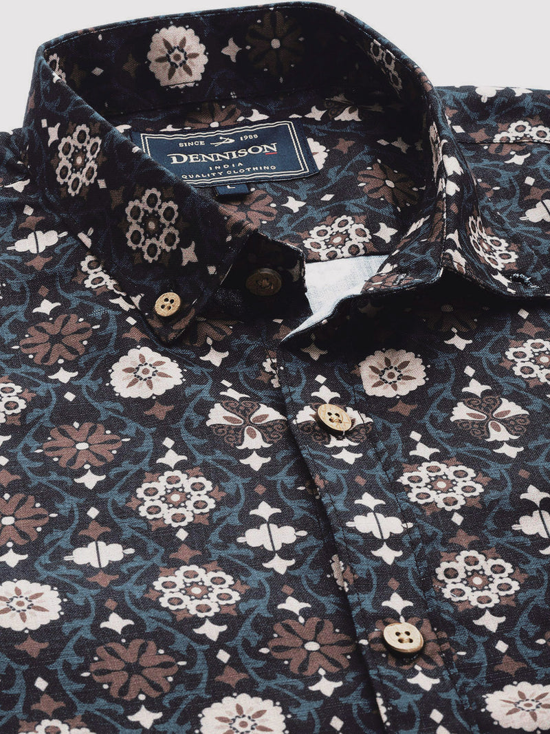 Men Blue  Brown Smart Slim Fit Printed Casual Shirt