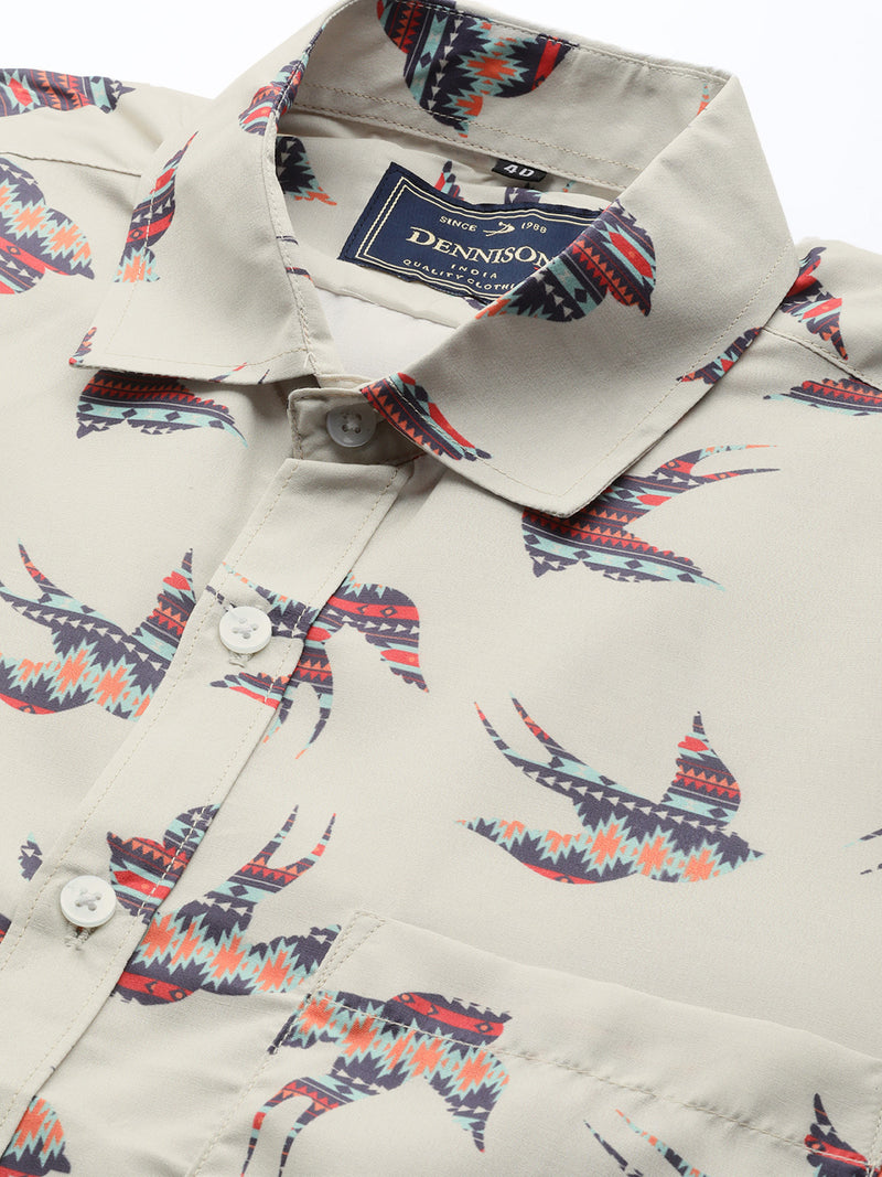 Men Cream-Coloured  Navy Blue Smart Slim Fit Printed Formal Shirt