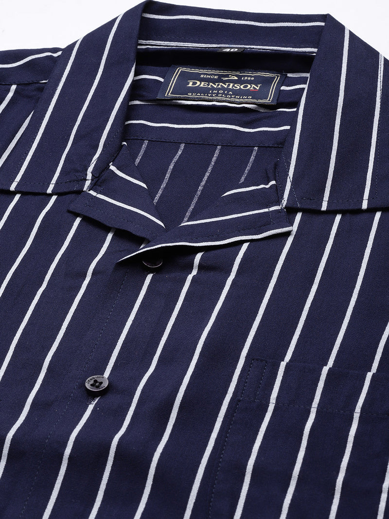 Men Navy Blue Striped Smart Slim Fit Casual Shirt