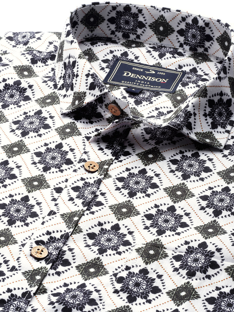 DENNISON Men White & Black Block Printed Shirt