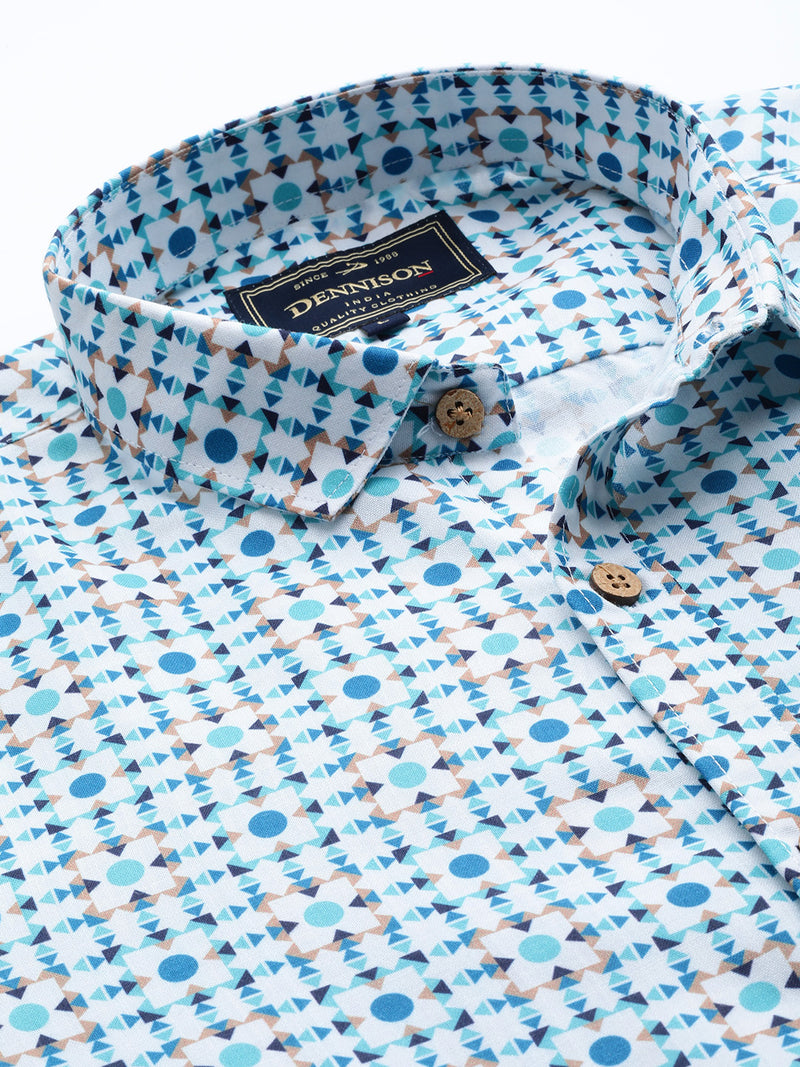 Men White & Blue Block Printed Shirt