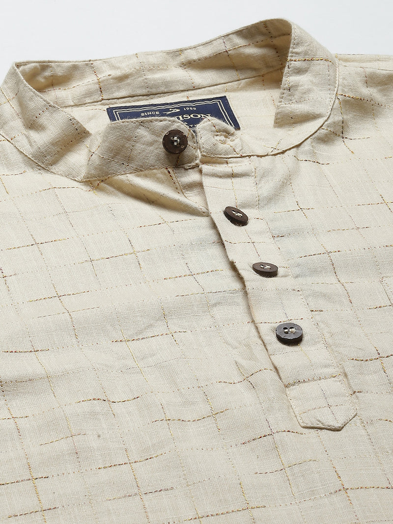 Men Cream-Coloured Patterned Comfort Slim Fit Cotton Kurta