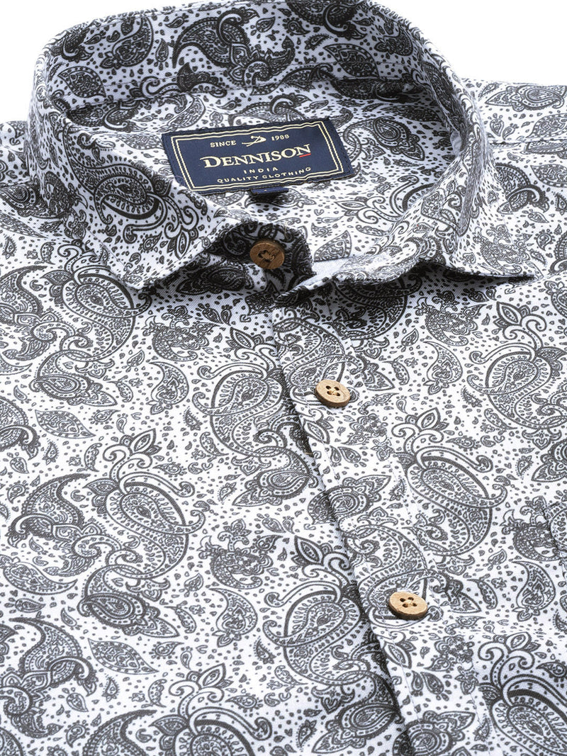 Men Off White  Black Comfort Fit Printed Casual Shirt