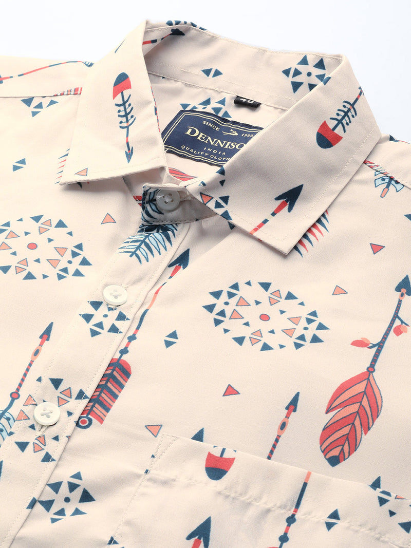 Men Cream-Coloured Conversational Printed Smart Slim Fit Casual Shirt