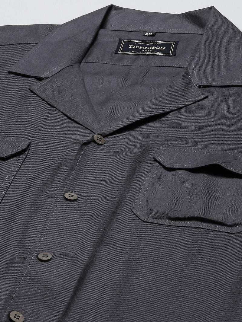 Men Charcoal Grey Solid Cuban Collar Smart Regular Fit Casual Shirt