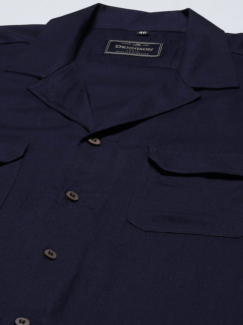 Men Navy Blue Solid Twill Weave Smart Casual Shirt