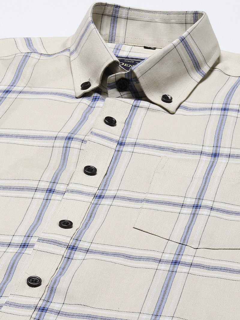 Men Cream-Coloured  Blue Smart Slim Fit Checked Formal Shirt