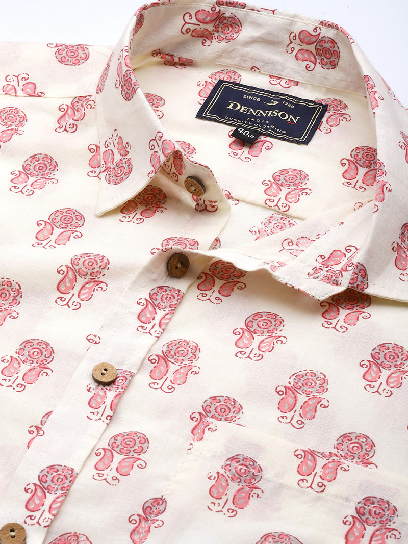 Cream: Full Sleeves Block Printed Shirt