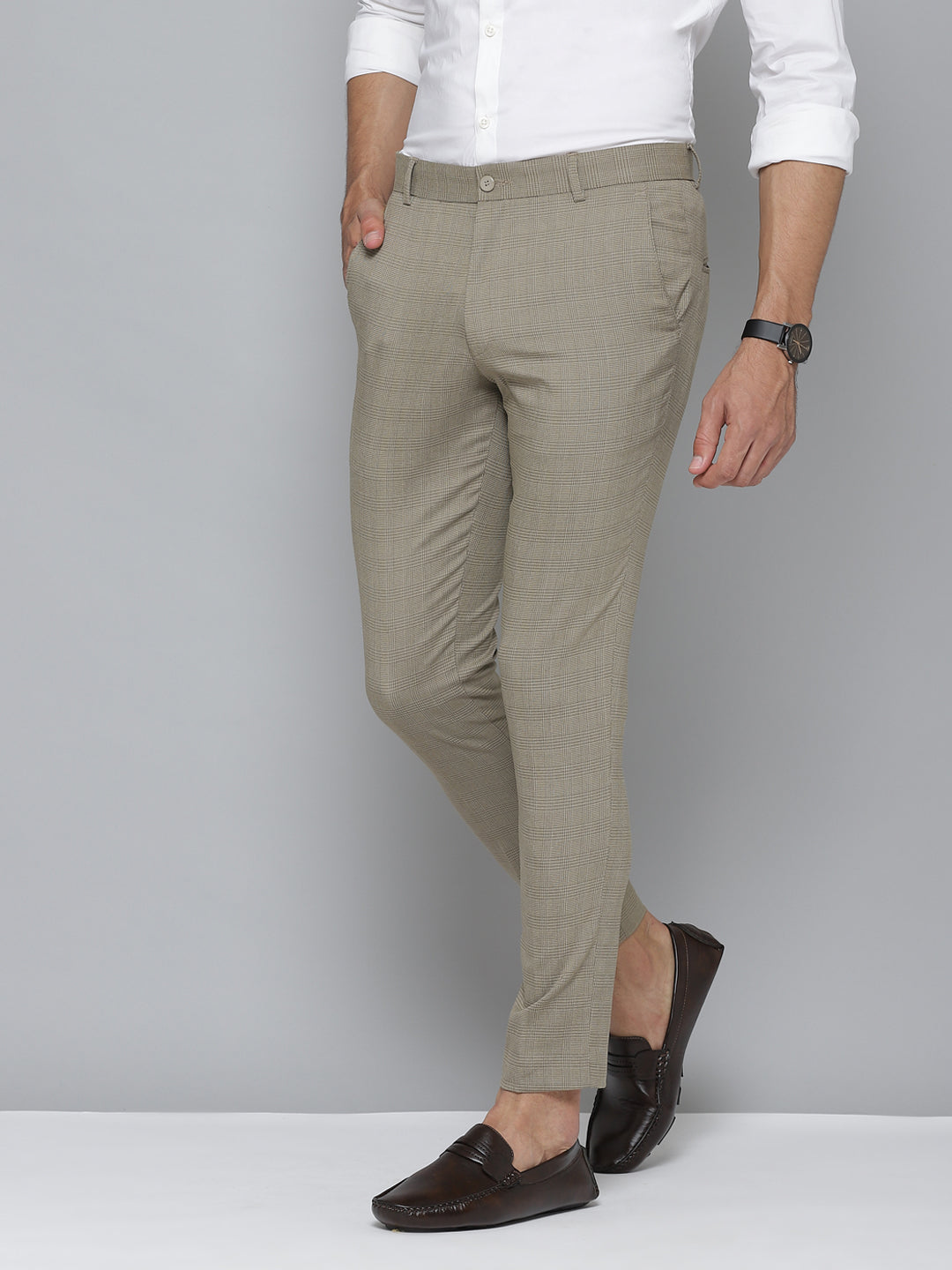 Men Beige Smart Tapered Fit Checked Cropped Trousers