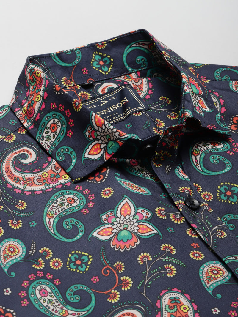 Men Navy Blue Smart Slim Fit Printed Formal Shirt