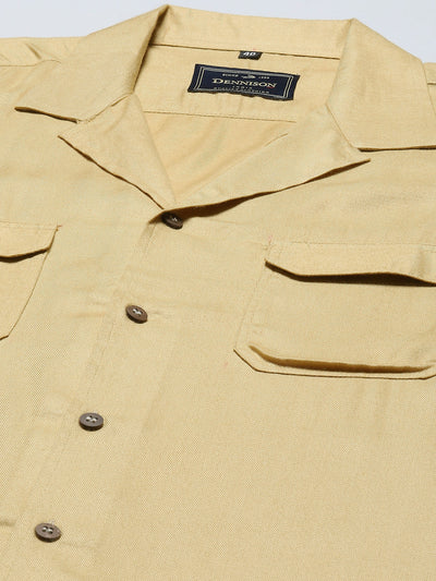 Men Beige Solid Cuban Collar Smart Regular Fit Casual Shirt