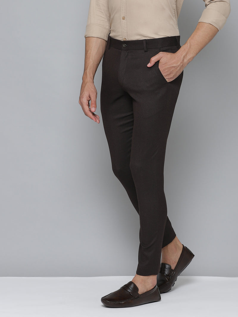 Men Brown Smart Tapered Fit Checked Cropped Trousers