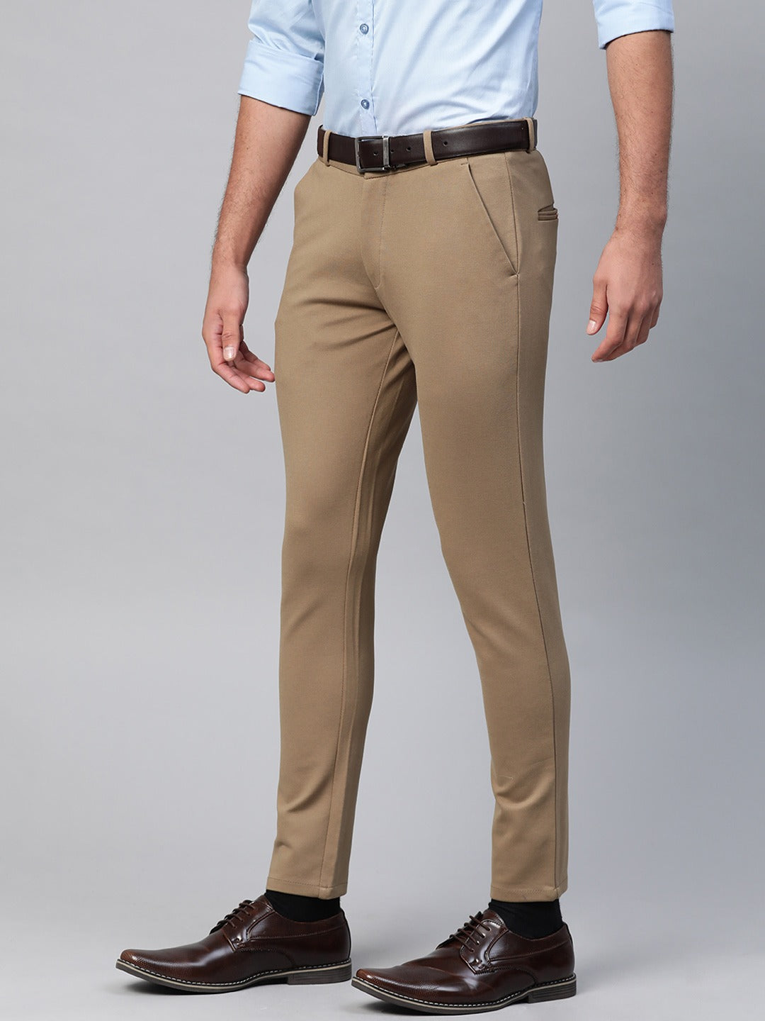Men Khaki Smart 4-Way Tapered Fit Easy Wash Knitted Trouser