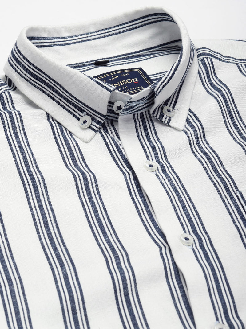 DENNISON Men White Smart Slim Fit Striped Casual Shirt