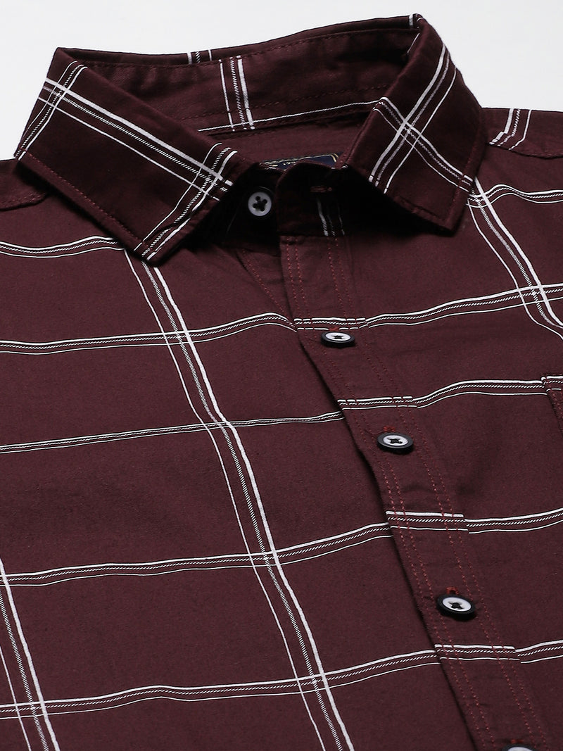 Men Burgundy  White Windowpane Checks Smart Slim Fit Opaque Casual Shirt