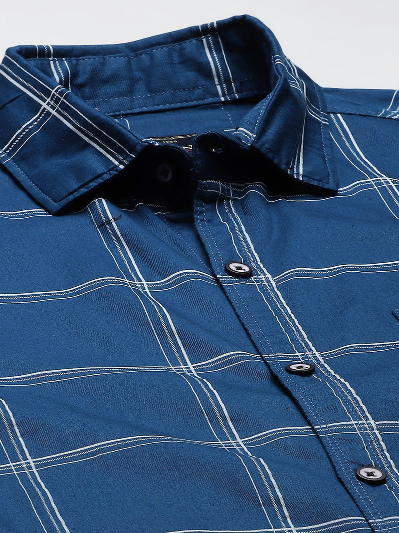 Men Blue Smart Slim Fit Windowpane Checks Opaque Checked Casual Shirt