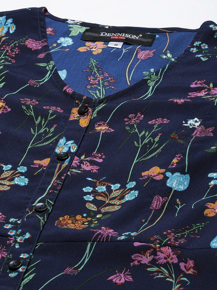 Navy Blue  Pink Floral Crepe Dress