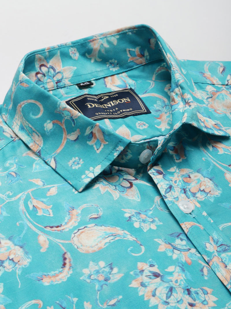 Men Turquoise Blue Smart Slim Fit Floral Printed Formal Shirt