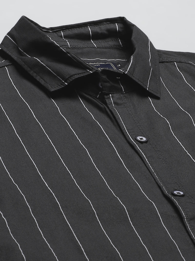 Men Olive Green Smart Slim Fit Pinstripes Opaque Striped Casual Shirt