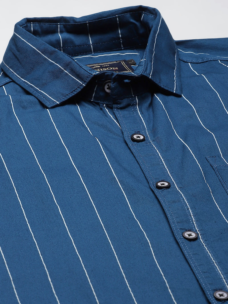 Men Blue Smart Slim Fit Pinstripes Opaque Striped Casual Shirt