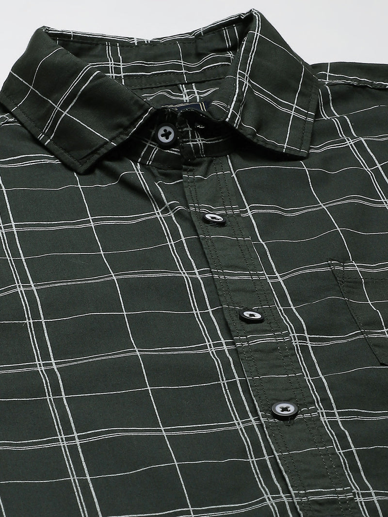 Men Green  White Checked Smart Slim Fit Opaque Casual Shirt