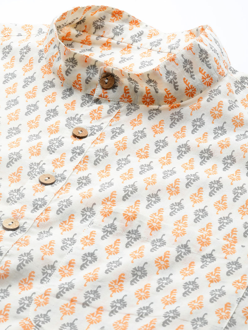 DENNISON Men White & Orange Block Printed Kurta