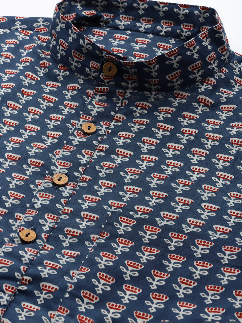 DENNISON Men Blue & Maroon Block Printed Kurta