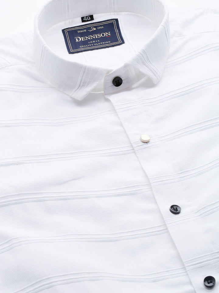 Men White Smart Slim Fit Horizontal Striped Cotton Formal Shirt