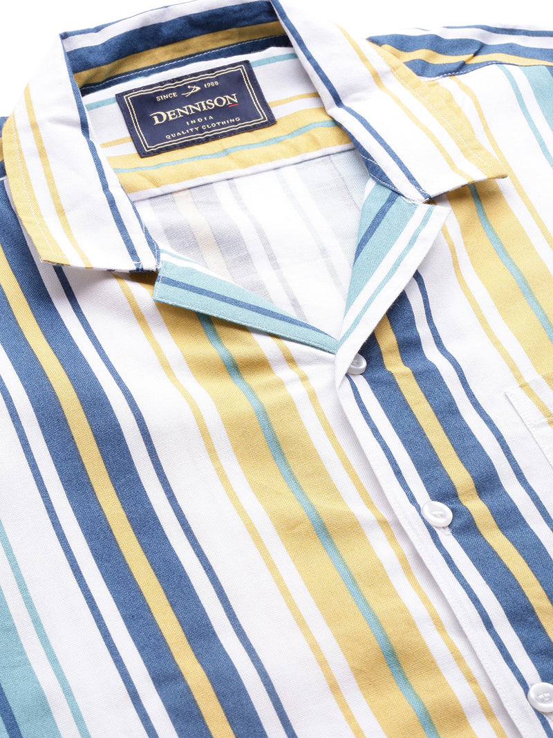 Men Blue  Yellow Smart Multi Striped Casual Shirt