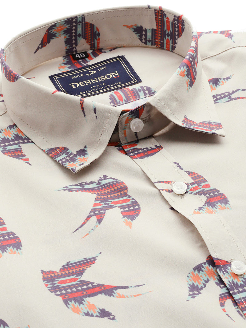 Men Beige Smart Slim Fit Printed Formal Shirt