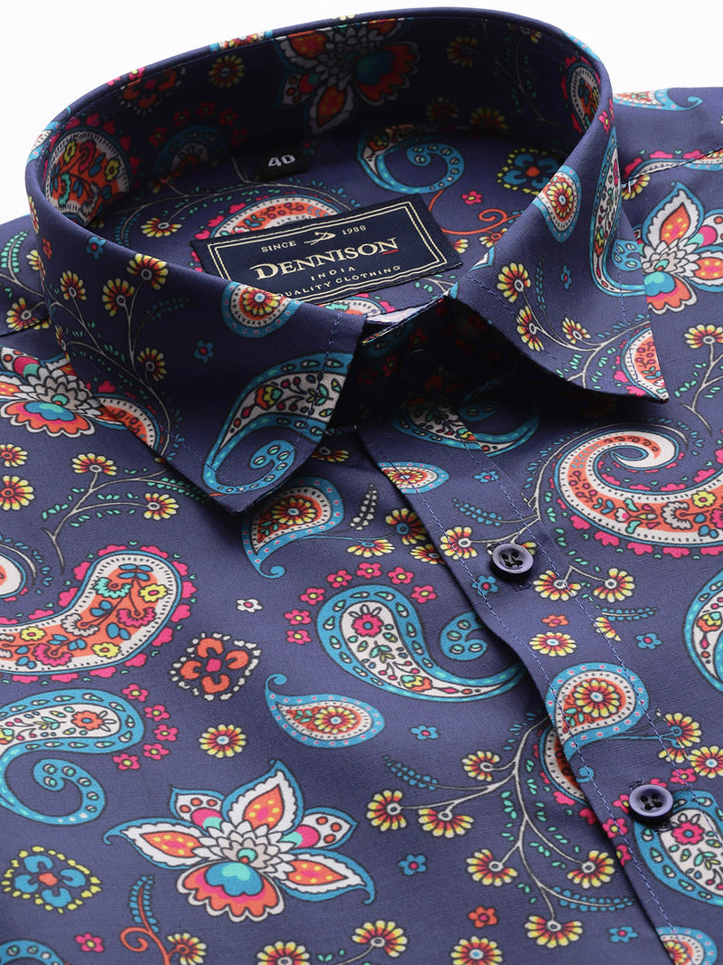 Men Navy Blue Smart Slim Fit Paisley Printed Formal Shirt