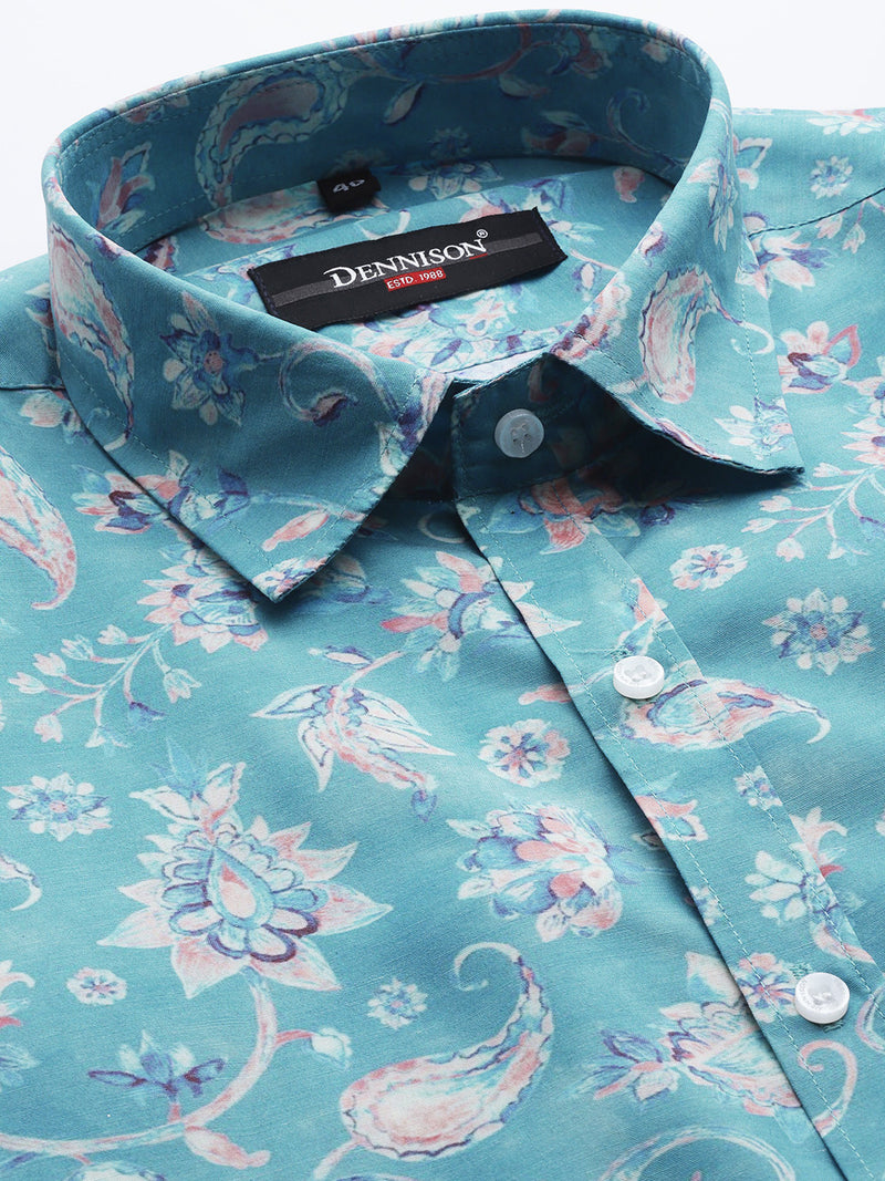Men Turquoise Blue Smart Slim Fit Floral Printed Formal Shirt