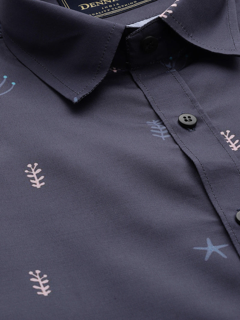 Men Navy Blue Smart Slim Fit Conversational Printed Formal Shirt