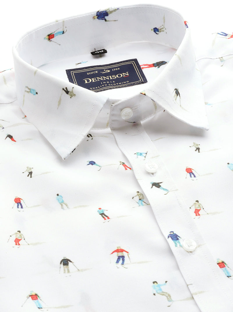 Men White Smart Slim Fit Printed Formal Shirt