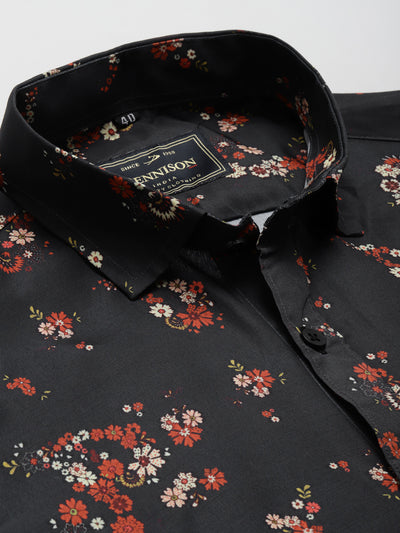 Men Charcoal Grey Smart Slim Fit Floral Printed Formal Shirt