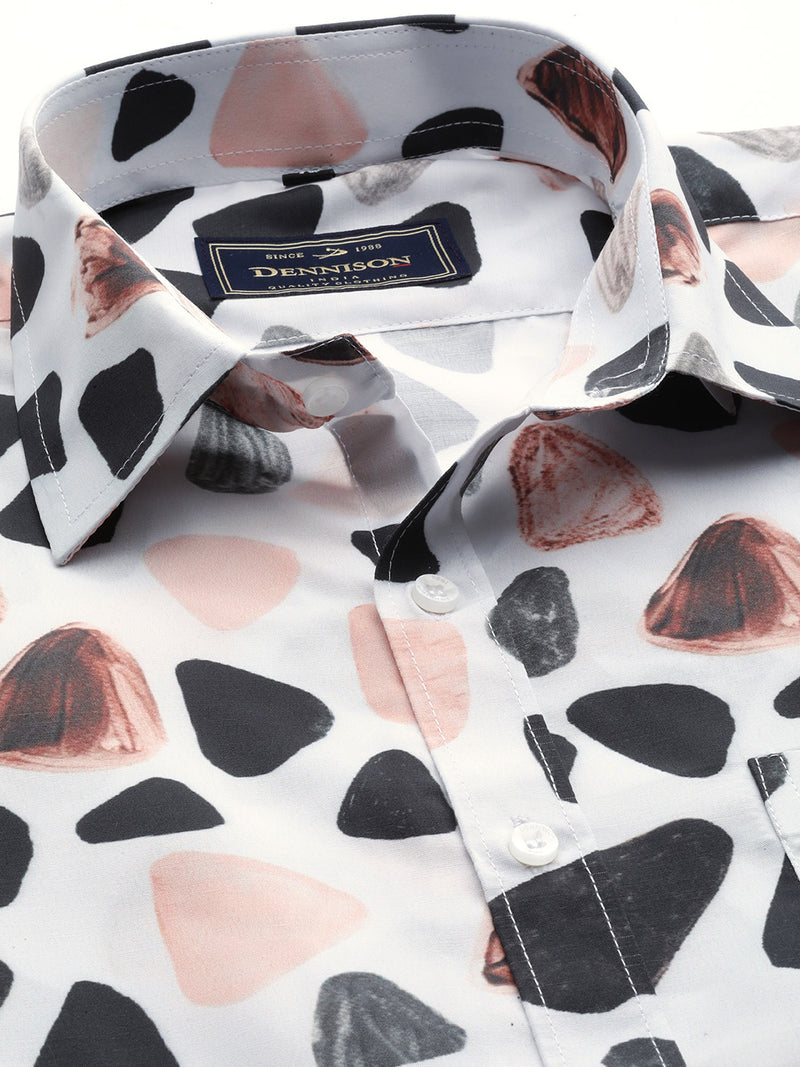 Men White  Black Smart Slim Fit Geometric Printed Casual Shirt