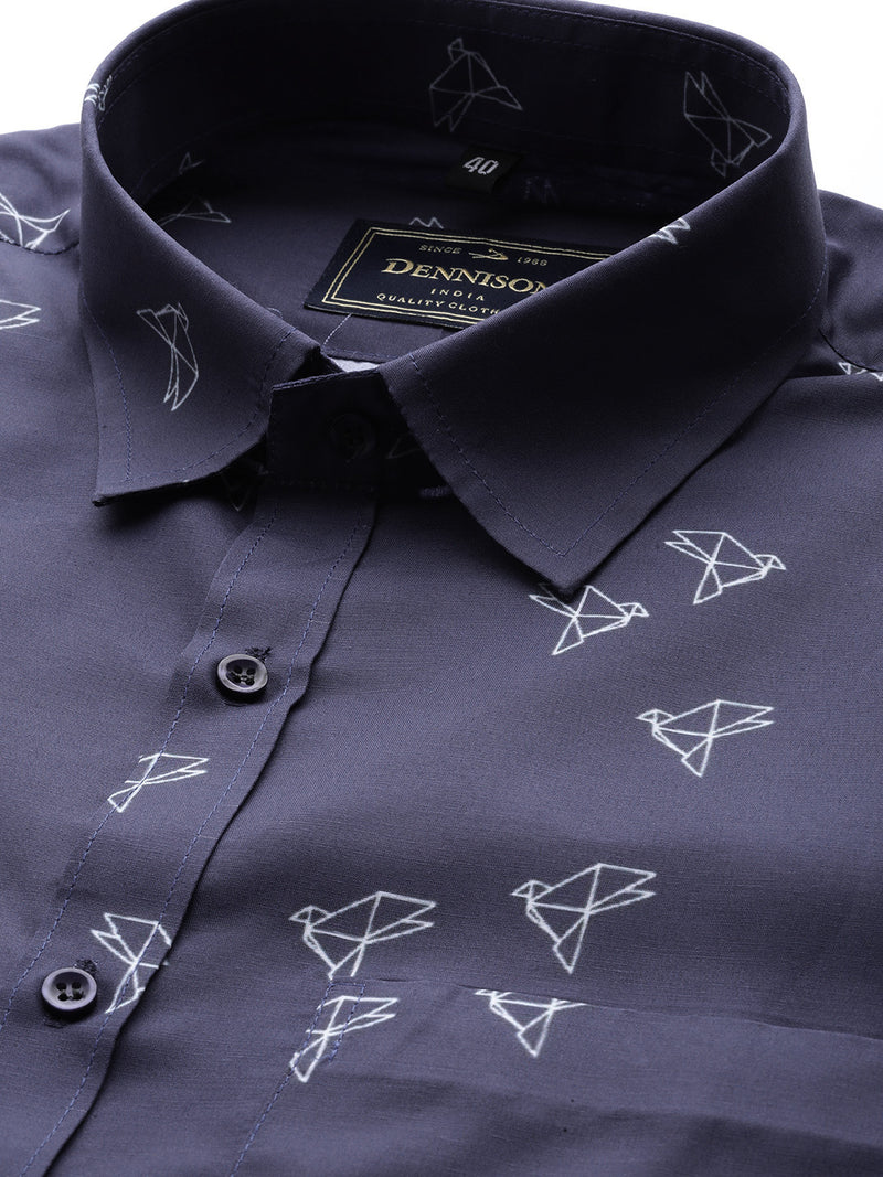 Men Navy Blue  White Smart Slim Fit Conversational Printed Formal Shirt